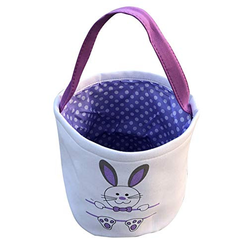Easter Bunny Basket Egg Bags for Kids Canvas Cotton Personalized Candy Egg Basket Rabbit Print Buckets with Fluffy Tail Gifts Bags for Easter  Purple