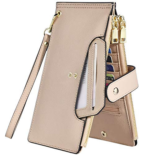 Wallets for Women RFID Blocking Large Capacity- Leather Bifold Wallet Women Long Credit Card Wallet Wristlet for Women Slim Zipper Wallet For Women With Coin Purse With Id Window Pullout Apricot Cream