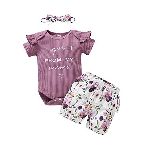 Newborn Baby Girl Clothes Ruffle Sleeve Ribbed RomperPlusFloral Short PantsPlusHeadband 3Pcs Summer Winter Jumpsuit Outfit Set  01-Purple 3-6 Months