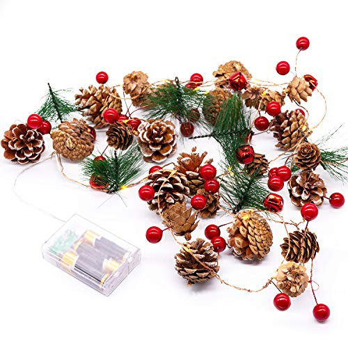 Christmas Garland String Lights - 6.6ft 20 LEDs with Red Berry  Bells and Pine Cone - Fairy Battery Operated Copper String Lights for Indoor Outdoor Holiday Thanksgiving Christmas Party Decorations