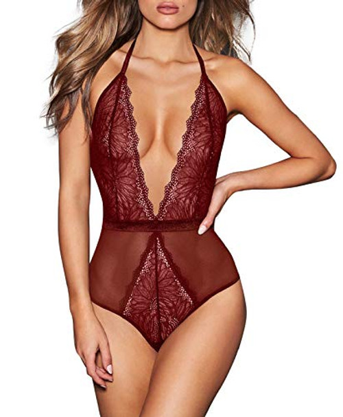 AnloveKiss Women Sexy Lingerie-Deep V Neck Backless Halter Teddy Bodysuit Perspective Lace Babydoll Underwear  M  Wine Red