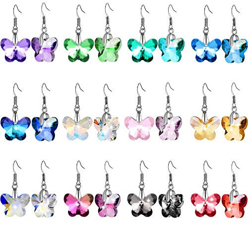 12 Pairs Multi-color Dangle Earrings Set Crystal Dangle Drop Earrings Rainbow Crystal Earrings for Women  Butterfly Shape