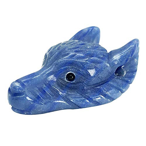 favoramulet Handcarved Wolf Head Animal Statue Figurine  Pocket Healing Crystal Sculpture Ear Drilled 1.5"  Natural Blue Aventurine