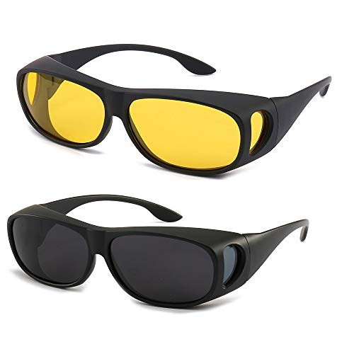 HD Night Day Driving Wrap Around Prescription Glasses Anti Glare Sunglasses with Polarized Lens for Man and Women  sand black frame black lensPlus sand black frame yellow lens
