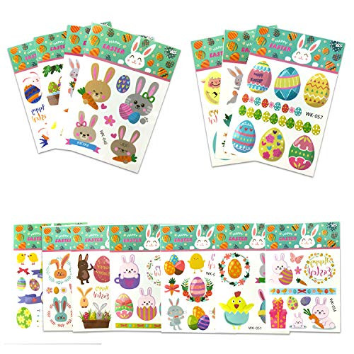 Easter Temporary Tattoos Stickers for Kids Waterproof Easter Egg & Bunny & Chicks Cartoon Stickers Theme Birthday Party Favors Supplies Easter Day Tattoos Stickers Party Favor?14 Sheets?