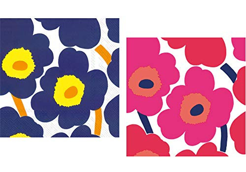Ideal Home Range Marimekko Unikko 3-Ply Beverage Cocktail Paper Napkins Bundle  20 Count Unikko Dark Blue and 20 Count Unikko Red