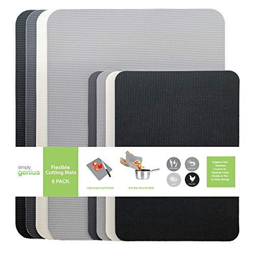 Simply Genius  8 Piece  Extra Thick Gray Cutting Boards for Kitchen Prep  Non Slip Flexible Cutting Mat Set  Dishwasher Safe  BPA Free Plastic Chopping Mats for Meats and Vegetables