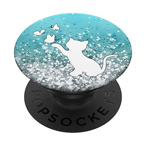 White Cat Kitten Silhouette On Silver Light Blue PopSockets PopGrip  Swappable Grip for Phones  and  Tablets