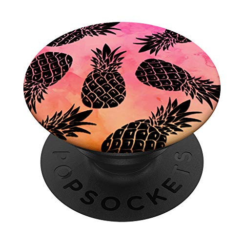 Black Pineapple Pattern On Pink Orange Watercolor PopSockets PopGrip  Swappable Grip for Phones  and  Tablets