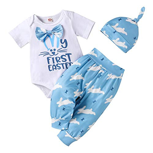 Baby Boy Girls Easter Outfits My 1st Easter Romper Plus Bunny Pants Plus Hat 3PCS Infant Rabbit Clothes  White  12-18 M
