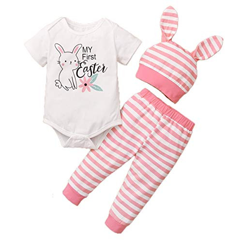 Infant Baby Boy Girl Easter Outfits My First Easter Romper Top Plus Bunny Pants Plus Rabbit Ears Hat Summer Clothes 3PCS  Pink  9-12 Months