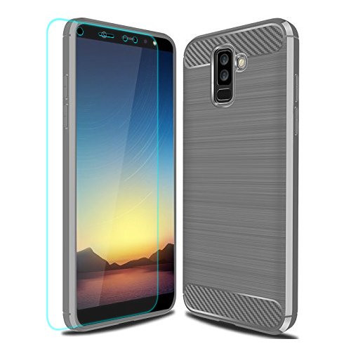 Galaxy A6 Plus 2018 Case with Screen Protector, Galaxy A6+ 2018 Case, YYQUEEN Slim Carbon Fiber and Anti-Shock and Anti-Slip Cover for Samsung Galaxy A6 Plus 2018 (Gray)