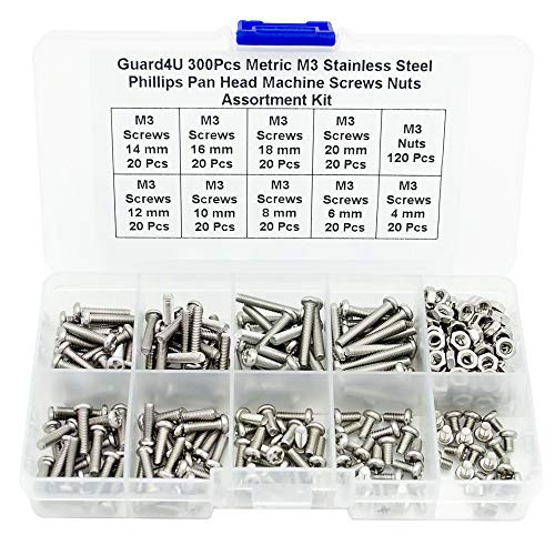 Guard4U 300Pcs Metric M3 Stainless Steel Phillips Pan Head Machine Screws Nuts Assortment Kit- M3 x 4mm  6mm  8mm  10mm  12mm  14mm  16mm  18mm  20mm