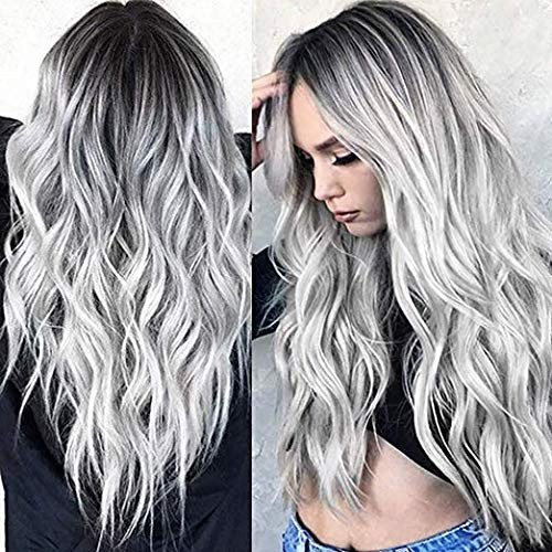 Silver Gray Long Wavy Wigs for Women ?Heat Resistant Synthetic Full Curly Cosplay Wigs with Free Wig Cap Silver Gray Long Wavy Wigs for Women ?Heat Resistant Synthetic Full Curly Cosplay Wigs with Free Wig Cap
