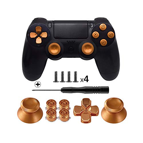 TOMSIN Metal Buttons for DualShock 4  Aluminum Metal Thumbsticks Analog Grip  and  Bullet Buttons  and  D-pad for PS4 Controller  Gold