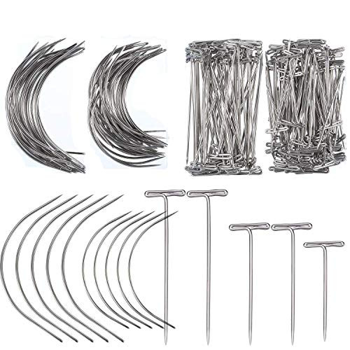 Wig Making Pins Needles Set, 200 Pieces Wig T Pins and C Curved Needles Hand Sewing Needles Hair Sewing Wig for Crafts & Wig Making