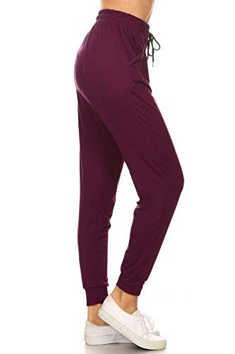 Leggings Depot JGA128-WINE-M Solid Jogger Track Pants w Pockets  Medium