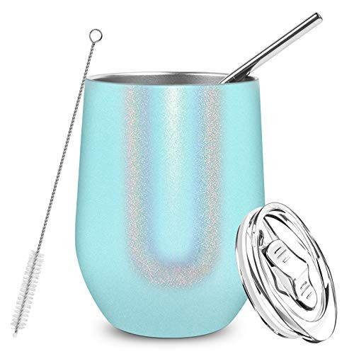Stemless Wine Glasses for Women Gift 12oz Unbreakable Insulated Glitter Stainless Steel Wine Tumbler with Spill Proof Lid and Straw Vacuum Water Coffee Mug Cup for Birthday  Blue