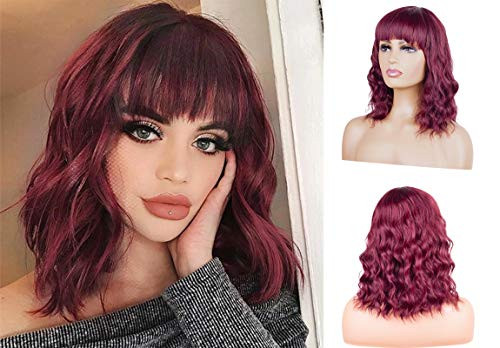 Curly Bob Wig with Bangs Burgundy Short Bob Wavy Hair Wig Wine Red Color Shoulder Length Wigs for Women Bob Style Synthetic Heat Resistant Bob Wigs 14inch Wine Red