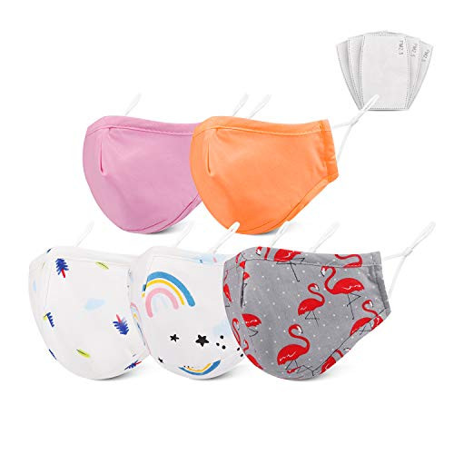 Kids Face Mask Reusable -Cloth Face Mask Washable with Filter - Breathable Children's Face Mask Reusable with Soft Elastic Earloop - Protection Cover Mouth  and  Nose Dust Mask 5 Pcs ET16 Style