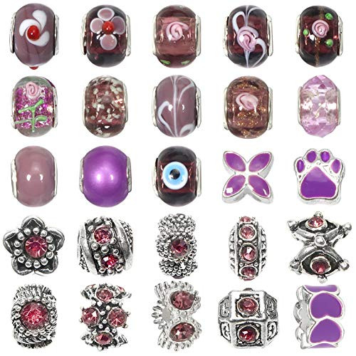 TOAOB 50pcs Assorted Purple Glass European Large Hole Beads Rhinestone Metal Spacer Charms Bead Assortments for DIY Crafts Bracelets Necklaces Jewelry Making