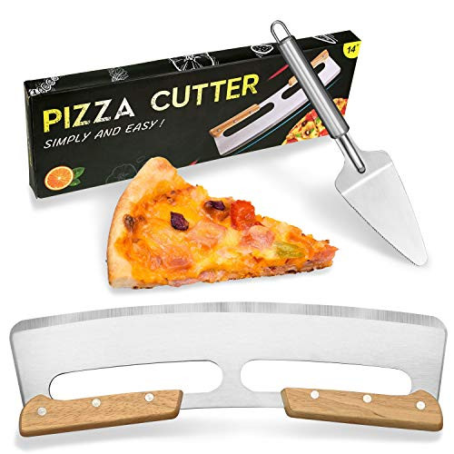 14 Inch Pizza Cutter Rocker Blade  Stainless Steel Salad Chopper  Pizza Slicer Rocker Knife with Wooden Handle  Large Pizza Knife Tool  Sharper than Pizza Scissors  Great on All Types of Crusts.