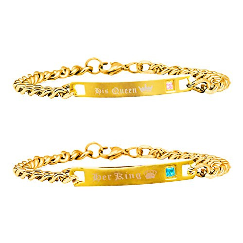 Uloveido Gold Plated Cool Titanium Cuban Chain Bracelet Set with Pink Blue Cubic Zirconia - Charm His and Hers Matching Bracelets for Couples SN123  Gold Couples Bracelets  King Queen Uloveido Gold Plated Cool Titanium Cuban Chain Bracelet Set with Pink Blue Cubic Zirconia - Charm His and Hers Matching Bracelets for Couples SN123  Gold Couples Bracelets  King Queen