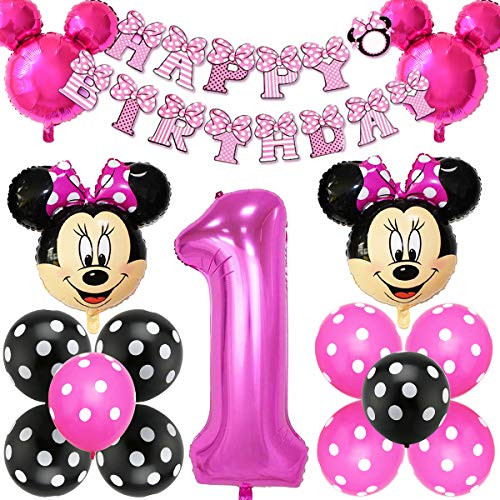 Minnie Theme Party Decorations  Birthday Balloons Set Number 1 Foil Balloons Minnie Mouse Shaped Foil Balloon With Red Bow for Minnie Mouse Party Decorations?Rose Red?