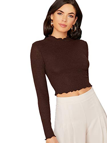 Floerns Women's Lettuce Trim Shirt Slim Fitted Long Sleeve Crop Tee Tops Deep Brown M