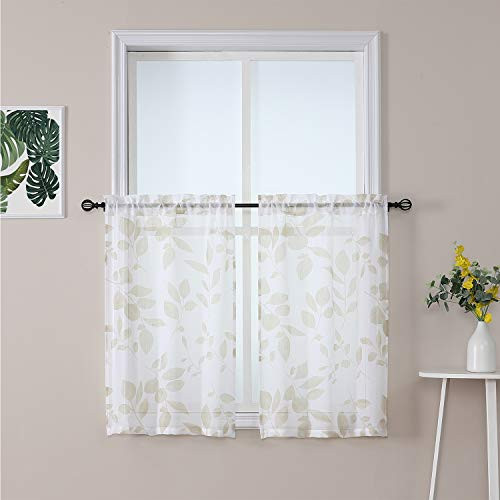 Haperlare Taupe and White Kitchen Window Curtain Tiers  Quatrefoil Leaves Pattern Sheer Bathroom Window Curtain  Floral Printed Half Window Covering Voile Cafe Curtains  26" W x 24" L  Set of 2