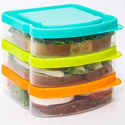 RubyPack-Sandwich Container-3 Pack-Durable Plastic Sandwich Box-Reusable Sandwich Containers with Lids-Small Lunch Box for Snacks-School Breakfast-Lunch Sandwich Holder-Sandwich Keeper Case for Kids