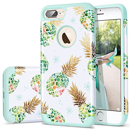 Fingic Pineapple Case for iPhone 7 Plus,iPhone 8 Plus Case,Shiny Pineapple&Fresh Green Silicone Design Summer Case 2 in1 Hybrid Skin Cover Compatible for iPhone 7 Plus/8 Plus (Green)