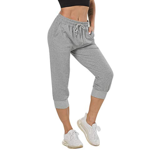 Women's Joggers Pants Cotton Sweatpants Loose Yoga Workout Lounge Sweat Pants with Pockets  Capri Light-Gray  L