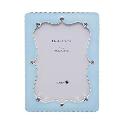 LASODY Elegance Simple Metal Picture Frame Silver Plated with Blue Enamel and Clear Crystals  4x6 Tabletop Photo Frame Wedding Gifts for Couple Dad Picture Frame