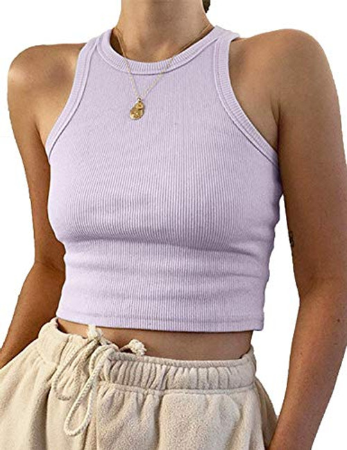 Meladyan Women's Round Neck Basic Racerback Camisole Rib-Knit Solid Sleeveless Crop Tank Tops Medium Purple Meladyan Women's Round Neck Basic Racerback Camisole Rib-Knit Solid Sleeveless Crop Tank Tops Medium Purple