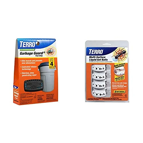 TERRO T800 Garbage Guard  Kills Insects and Prevents New Infestations Black  and  t334 Adhesive Strips for Discreet Multi-Surface Liquid Ant Baits  1 Pack  Orange