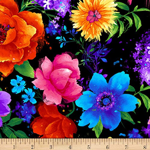 Timeless Treasures Night Bloom Large Floral Black Fabric by The Yard