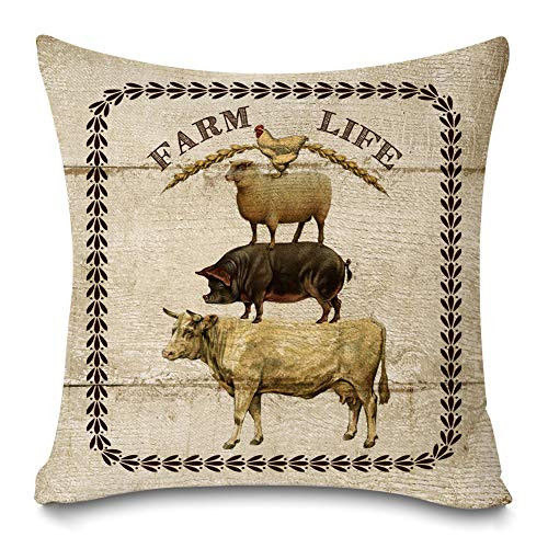 Faromily Farmhouse Animal Pillow Covers Vintage Wood Background Country Animal Farm Rooster Pig Cow Goat Cotton Linen Throw Pillow Case Cushion Cover 18" X 18" Farmhouse Decorations (Vintage Animals)