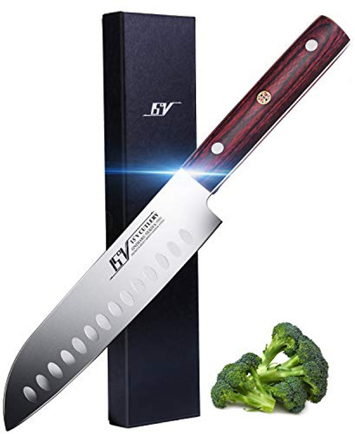 Santoku Knife - Japanese Chef Knife High Carbon German Stainless Steel - Kitchen Knives with Ergonomic Pakkawood Handle - Full Tang Hollow Edge Blade - Onimaru Series - 7.5''