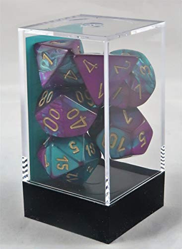 Chessex Polyhedral 7-Die Gemini Dice Set  Purple  and  Teal with Gold  d4  d6  d8  d10  d12  d20  and  d00  CHX-26449