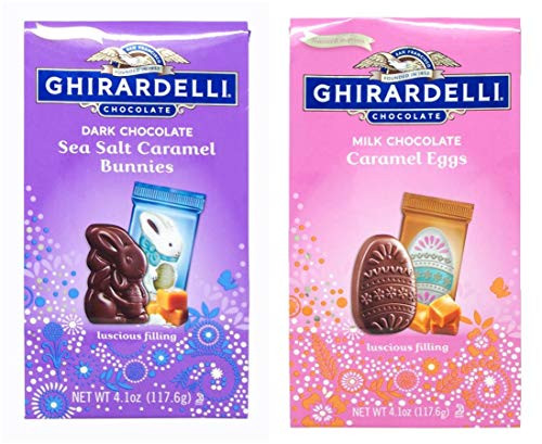 Ghirardelli Chocolate Easter Candies Milk Chocolate Eggs Filled with Caramel and Dark Chocolate Bunnies Filled with Sea Salt Caramel 2 Pack 4.1 ounces Ghirardelli Chocolate Easter Candies Milk Chocolate Eggs Filled with Caramel and Dark Chocolate Bunnies Filled with Sea Salt Caramel 2 Pack 4.1 ounces