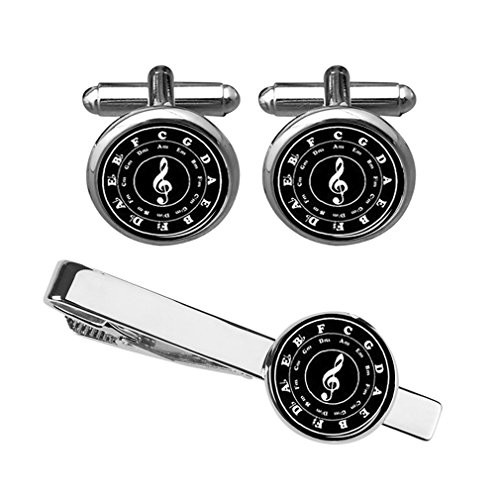 ZUNON Music Note Bass Clef Cufflinks  and  Tie Clips Set Musician Artist Mens Gift Gifts for Him  Silver Cufflink Tie Clip Set