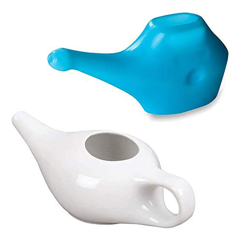 HealthAndYoga  TM  Neti Pot Ceramic - White Plus Travel Neti Pot - Blue