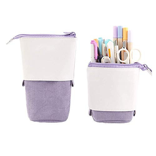 Stand up Pencil Holder Telescopic Pencil Case Pop-up Pencil Case Standing  Transformer Pen Box Stationery Pencil Holder CanvasPlusPU Stationery Pouch Cosmetic Bags  Purple