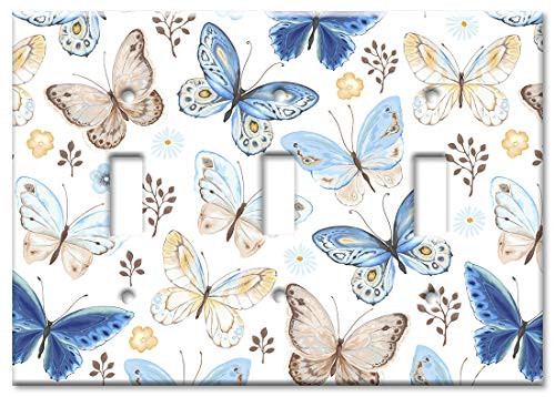 Art Plates 3-Gang Toggle OVERSIZED Switch Plate OVER SIZE Wall Plate - Blue  and  Tan Butterfly Toss