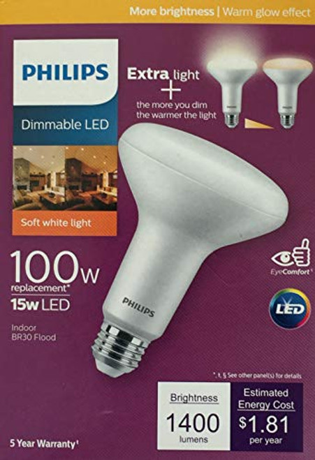 Philips BR30 LED Indoor Flood Bulb with Warm Glow Effect 1400-Lumen  2700-2200-Kelvin  15 Watts  100-Watt Equivalent   E26 Base  Soft White