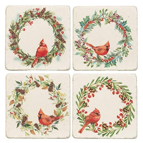 Ganz CB172369 Cardinal in Wreath Coaster Set of 4  Multicolor