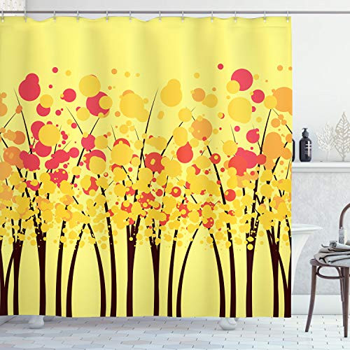 Ambesonne Yellow Shower Curtain  Colorful Autumn Fall Forest with Dotted Flowers Seasonal Texture Home Print  Cloth Fabric Bathroom Decor Set with Hooks  75" Long  Yellow Orange