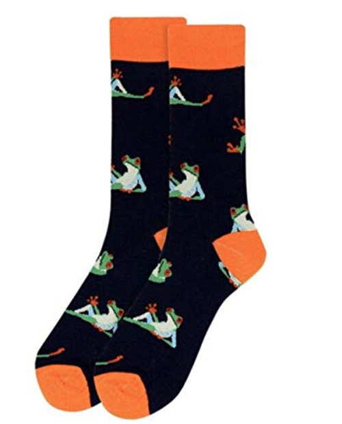 Men's Navy Blue Relaxing Green Tropical Tree Frog Novelty Dress and Trouser Socks Men's Navy Blue Relaxing Green Tropical Tree Frog Novelty Dress and Trouser Socks
