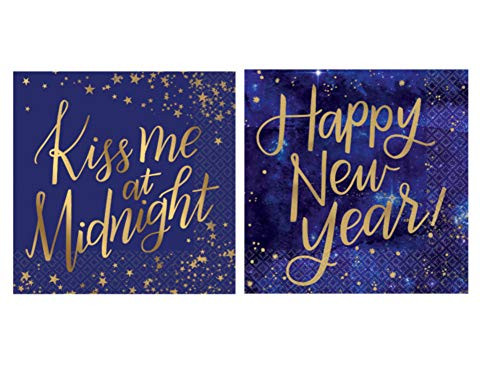 Midnight New Years Eve Cocktail Napkins Set - Bundle Includes 32 Beverage Napkins in 2 Different Designs